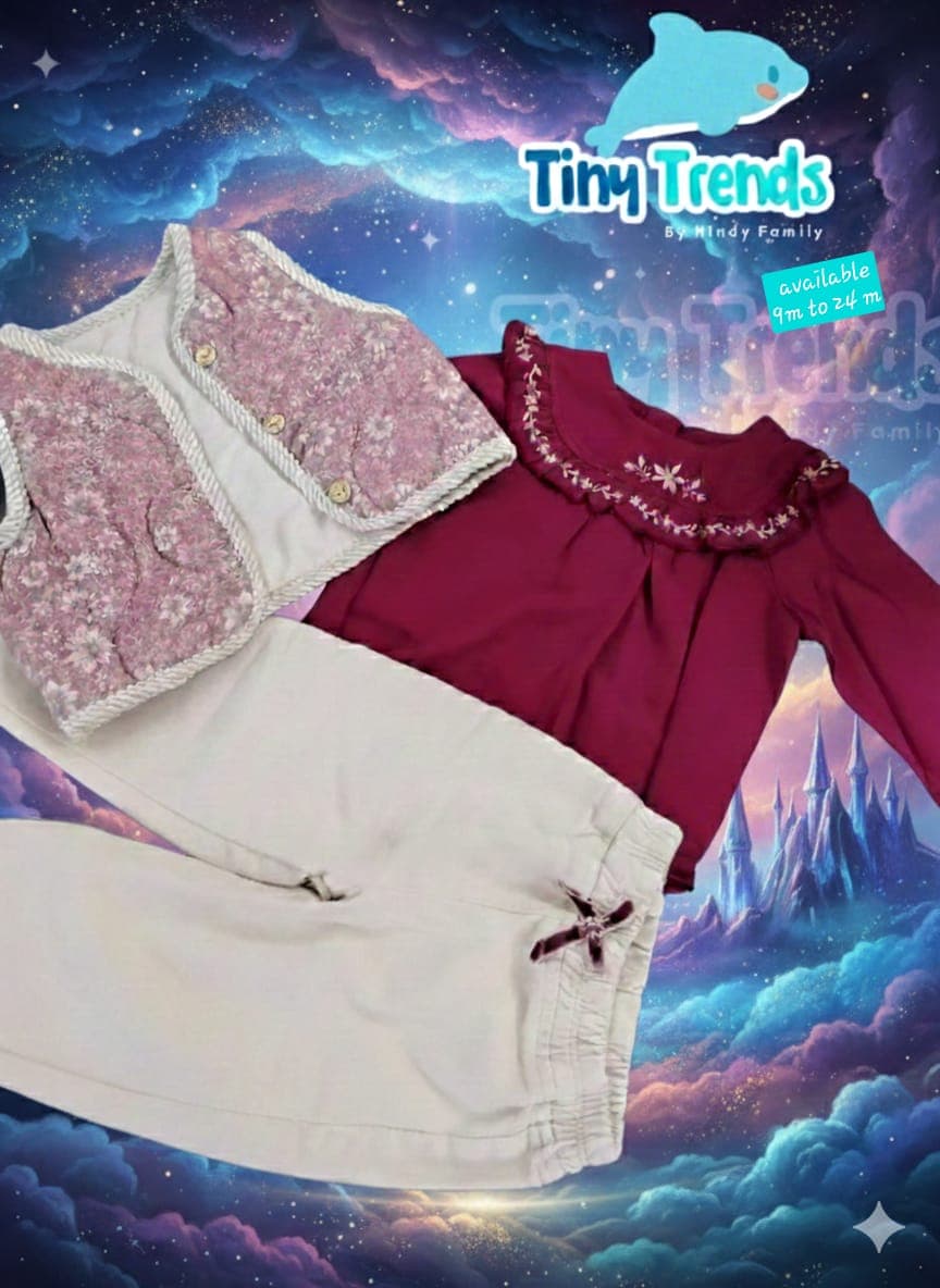 Burgundy Embroidered Top & Floral Quilted Vest 3-Piece Set