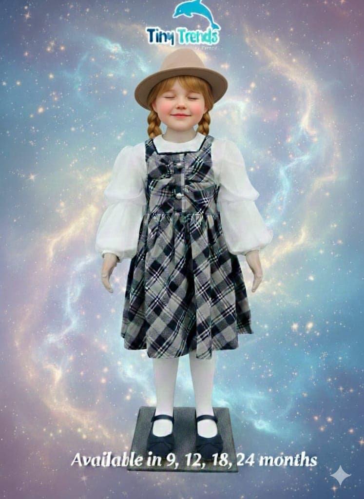 Vintage Plaid Pinafore & Balloon Sleeve Blouse Set
