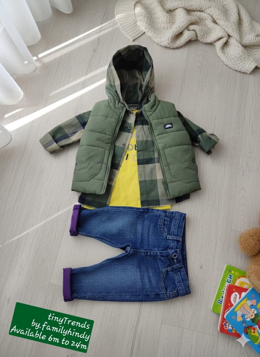 Olive Puffer Vest & Yellow Sun Graphic
